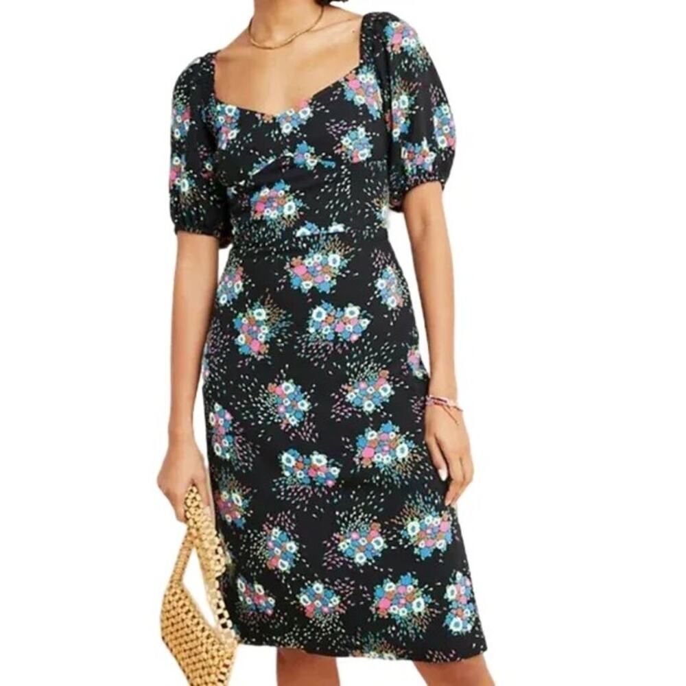 ANTHROPOLOGIE Scarletta Sweetheart Puff Sleeve Dress in Black Floral SZ 10